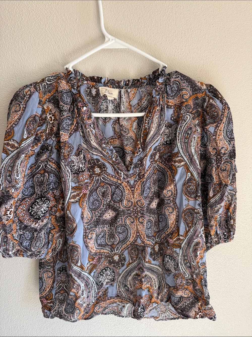 Elan Light Blue Paisley Puff-Sleeve Blouse with Brown Accents